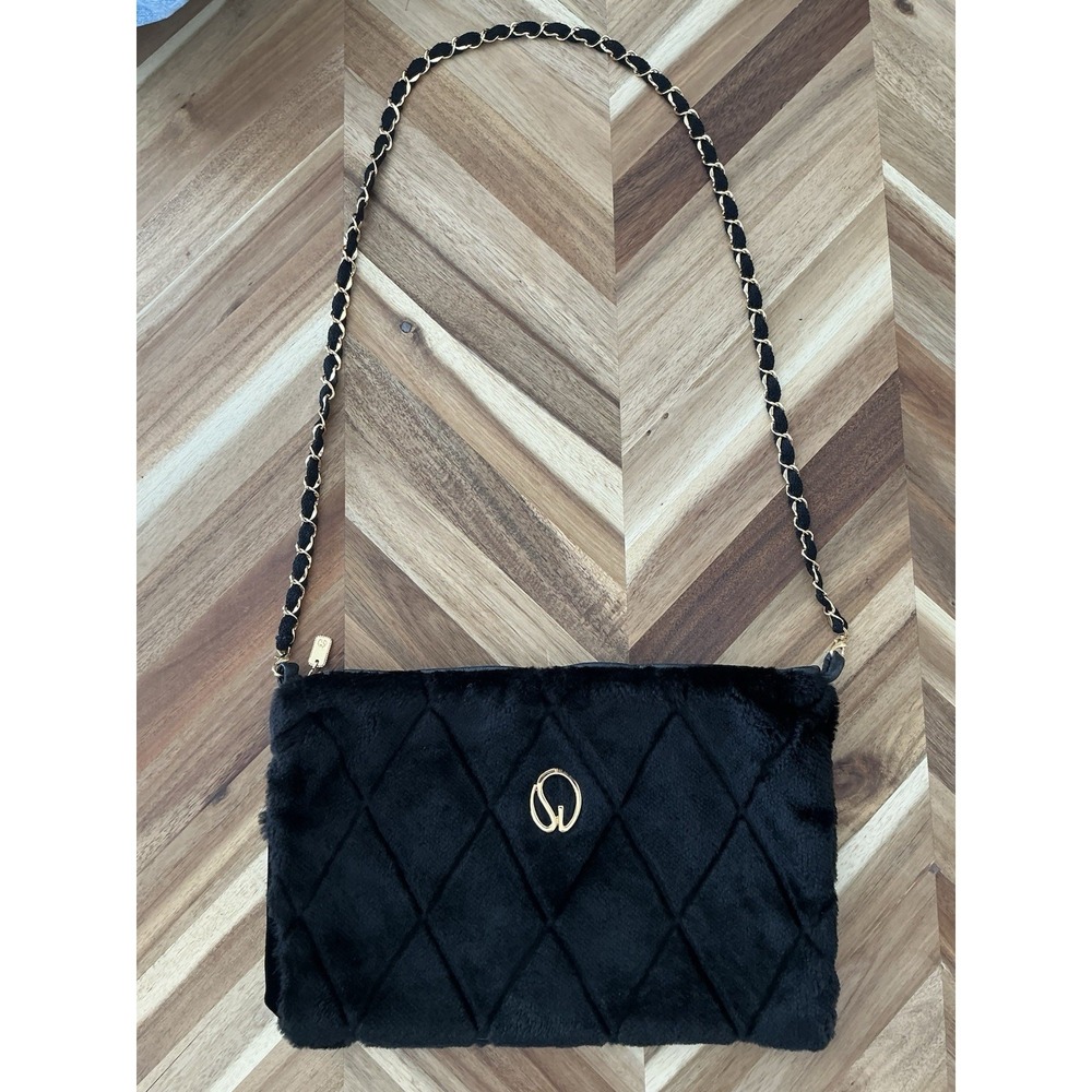 Vintage ST JOHN Black Faux Fur Crossbody‎ Bag Purse Hand Warmer  Chain Strap